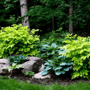 Ariala cordata sun king shrubs in a woodland garden.