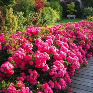 Border of Rosa 'Emera' bright pink roses.