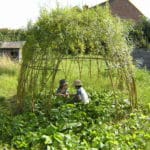 children playing in willow dome in filed