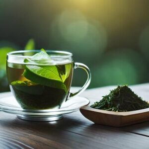 Loose Matcha Plant tea beside a cup of steaming hot tea.