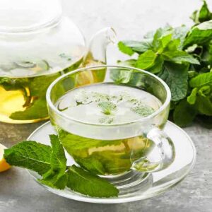 A cup of Chocolate Mint Plant tea.