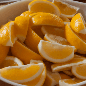 Improved Meyer Lemon tree fruits in a bowl, cut into quarters.