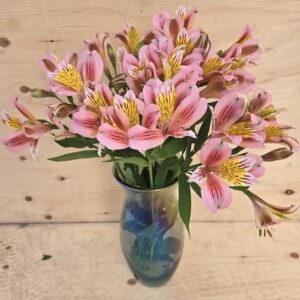 A vase of Light Pink Alstroemeria blooms in shades of salmon-pink with a yellow and burgundy striped throat.