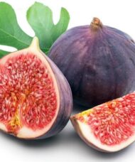 The dark purple fruit of Chicago Hardy Fig tree, with strawberry coloured flesh.