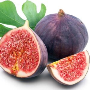 The dark purple fruit of Chicago Hardy Fig tree, with strawberry coloured flesh.