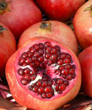7 large, bright red Parfianka Pomegranate Tree fruit. One is cut open to reveal fleshy, large, bright red arils.