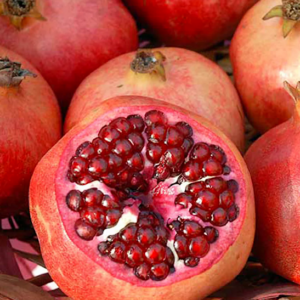 7 large, bright red Parfianka Pomegranate Tree fruit. One is cut open to reveal fleshy, large, bright red arils.