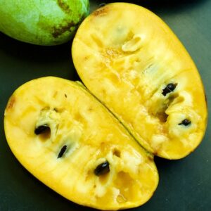 Pawpaw tree oblong fruit cut in half revealing creamy yellow flesh.