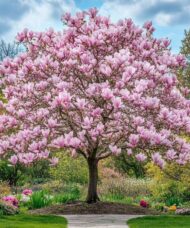 Large Saucer Magnolia Tree covered in cup-shaped, pinkish purple and white flowers.