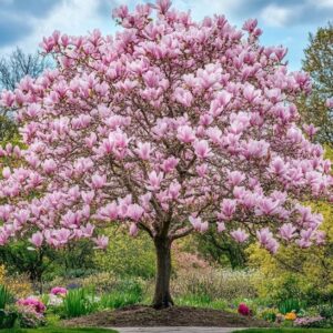 Large Saucer Magnolia Tree covered in cup-shaped, pinkish purple and white flowers.