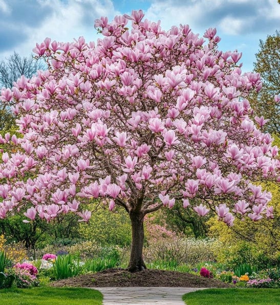 Large Saucer Magnolia Tree covered in cup-shaped, pinkish purple and white flowers.