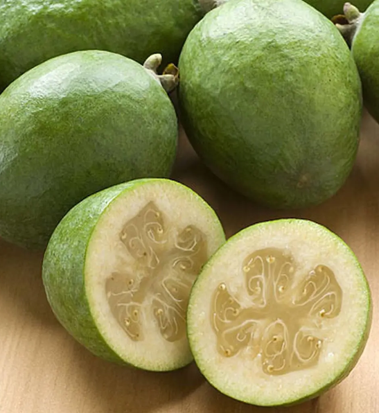 A group of Takaka Pineapple Guava plant green fruits, with one cut in half revealing a creamy centre.