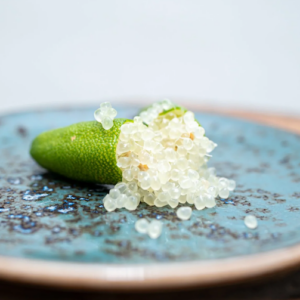 oblong green fruit cut open to reveal white caviar-like flesh.