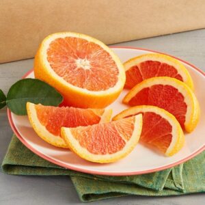 A large cluster of Cara Cara Navel Oranges covered in water droplets and hanging from a tree.
