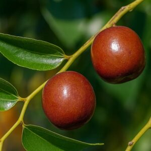Rich brown Ziziphus jujuba fruit on the branch.